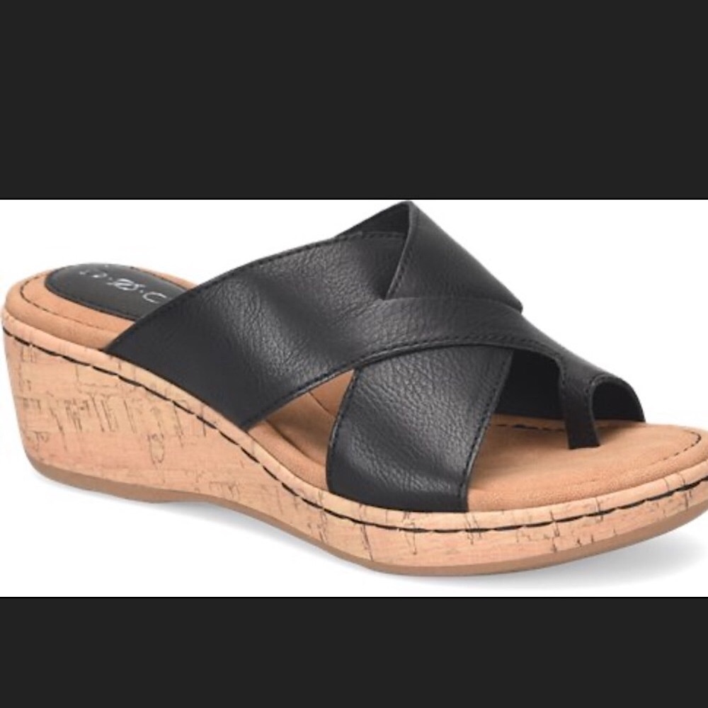 B.O.C. Black cork wedge sandals, size 6.